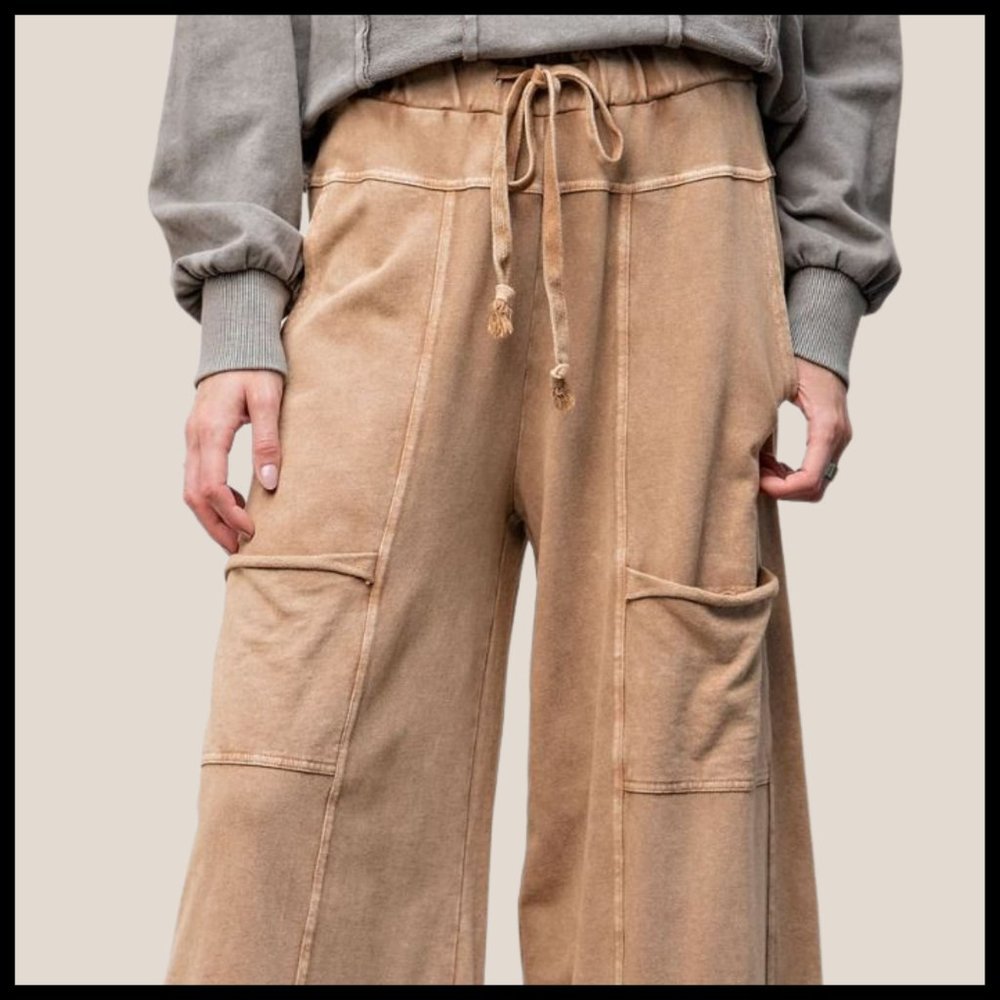 EASEL "Perfect Cargo" Terry Knit Mineral Washed Flared Leg Pants Raw Hem & Seams - Picture 10 of 15